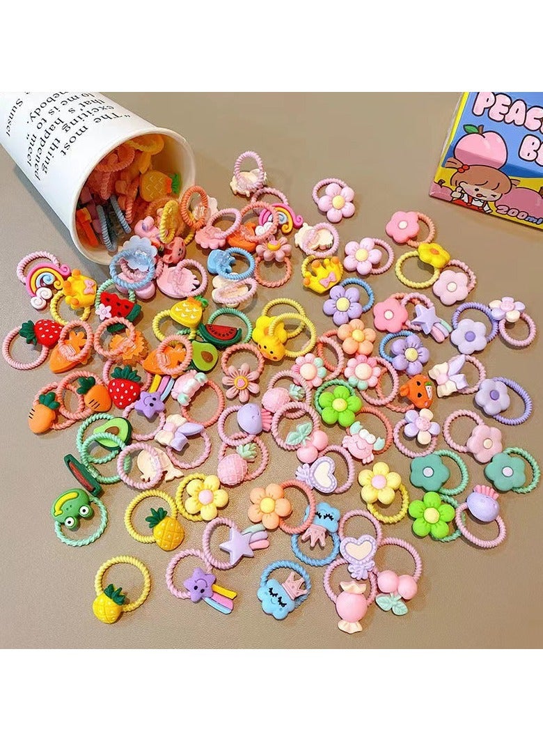 SHIXIN Children's girls' hair ties do not hurt the hair and are enough for one year. Trendy new ponytail hair ties (100 pieces of random colors and styles with candy-colored cartoon fruit hair accessories) cartoon cute super cute hair ties do not hurt the head in summer with high elastic hair clips  - Image 2