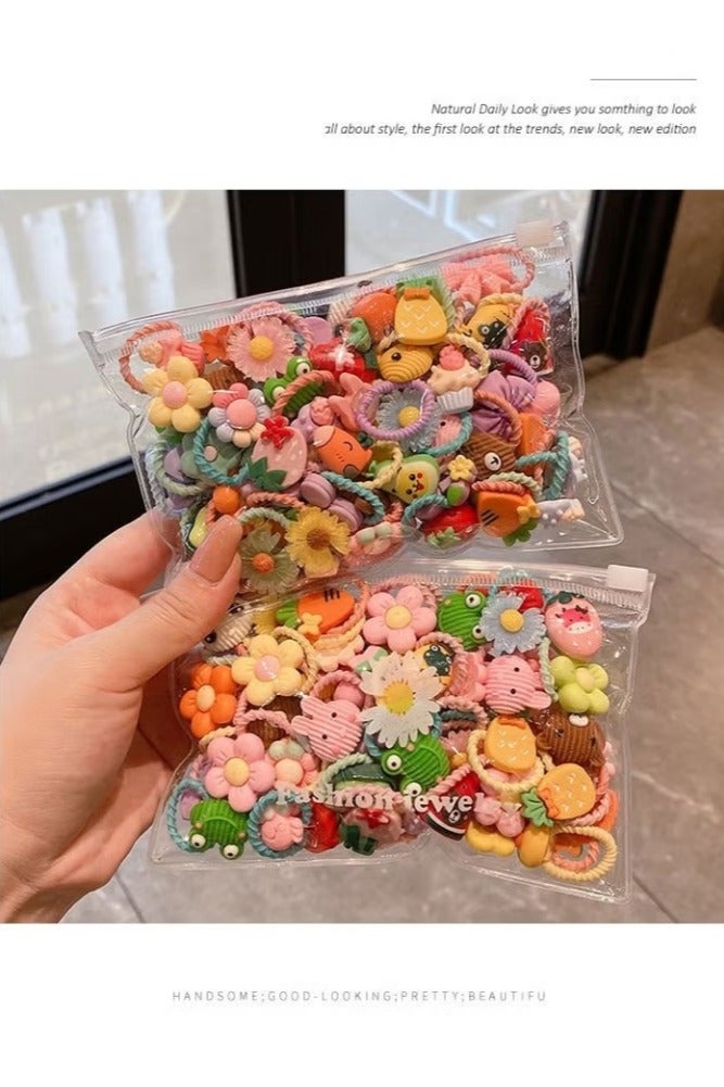 SHIXIN Children's girls' hair ties do not hurt the hair and are enough for one year. Trendy new ponytail hair ties (100 pieces of random colors and styles with candy-colored cartoon fruit hair accessories) cartoon cute super cute hair ties do not hurt the head in summer with high elastic hair clips  - Image 1