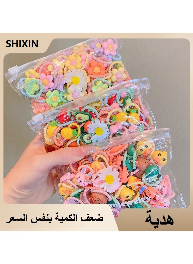 SHIXIN Children's girls' hair ties do not hurt the hair and are enough for one year. Trendy new ponytail hair ties (100 pieces of random colors and styles with candy-colored cartoon fruit hair accessories) cartoon cute super cute hair ties do not hurt the head in summer with high elastic hair clips - Image 1