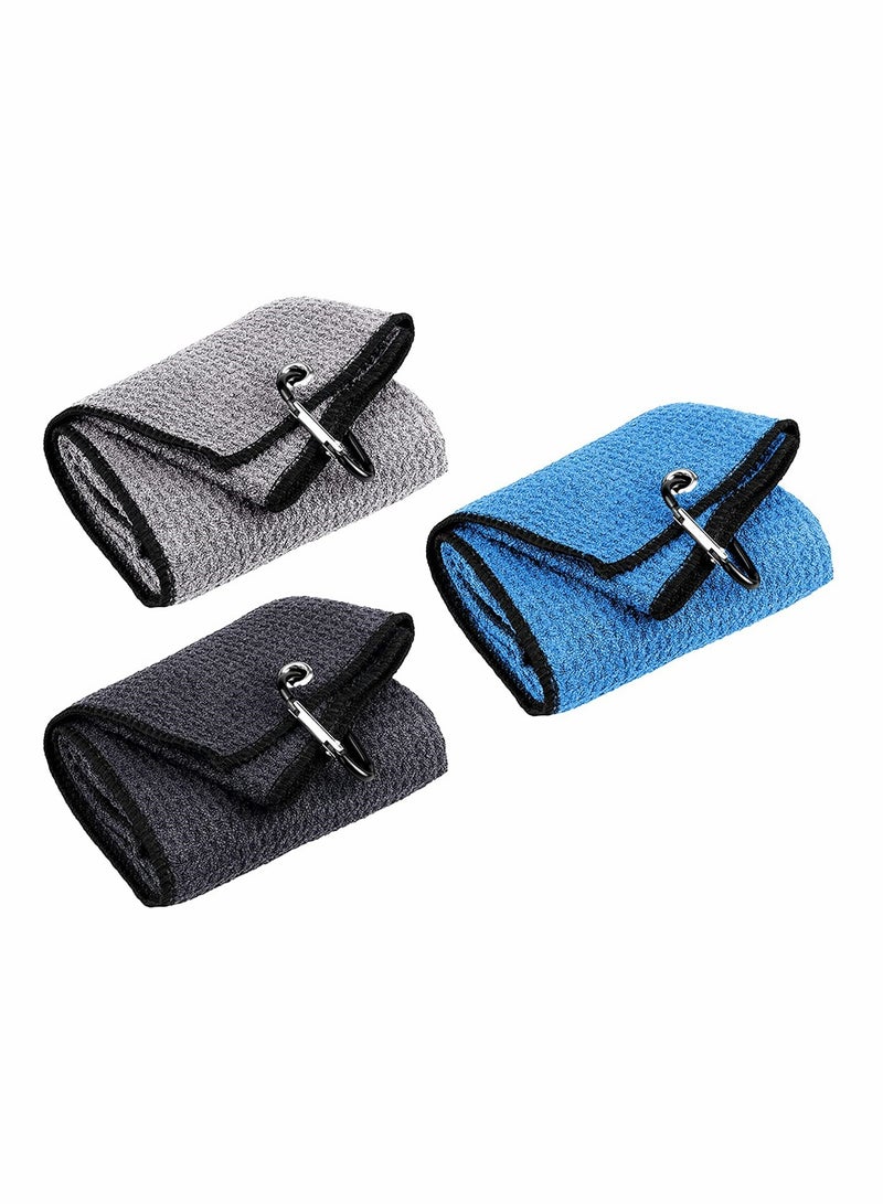 KASTWAVE 3 Pack Golf Towel, Sports Towel with Heavy Duty Carabiner Clip, Premium Microfiber Fabric Waffle Pattern Towel for Yoga, Golf, Gym, Camping, Running (Blue, Black, Gray) - Image 1