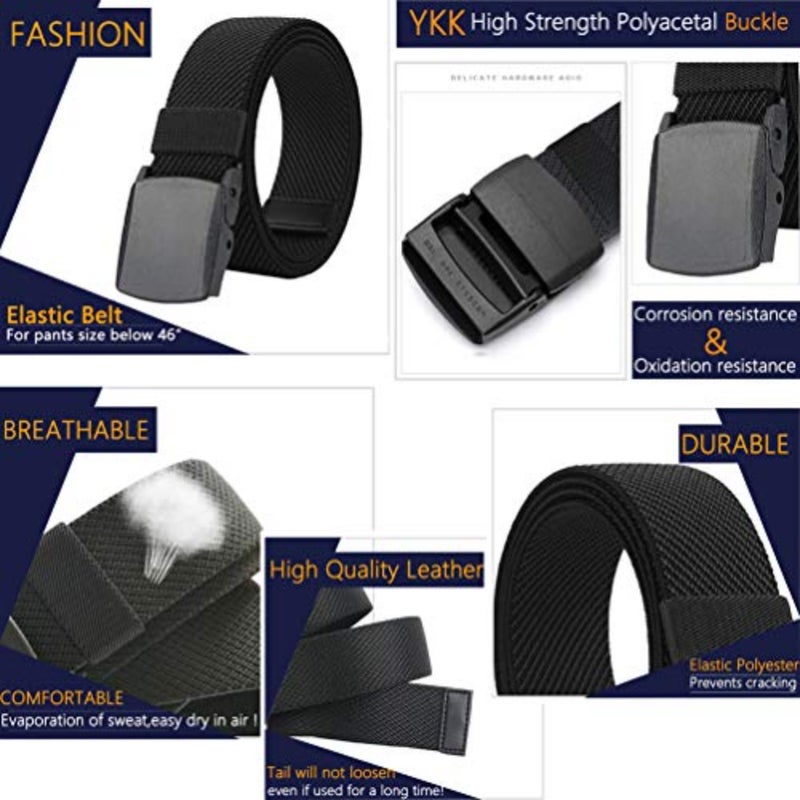 Men's elastic ratchet belt for daily wear, nylon webbing, black, stretchable and adjustable 27-46 inch waist fit - Image 5