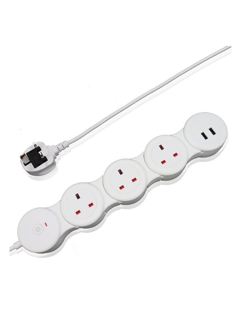 Adjustable 4-Ports UK Power Strip Extension Cord with 2 USB Ports 1.8m White - Image 1
