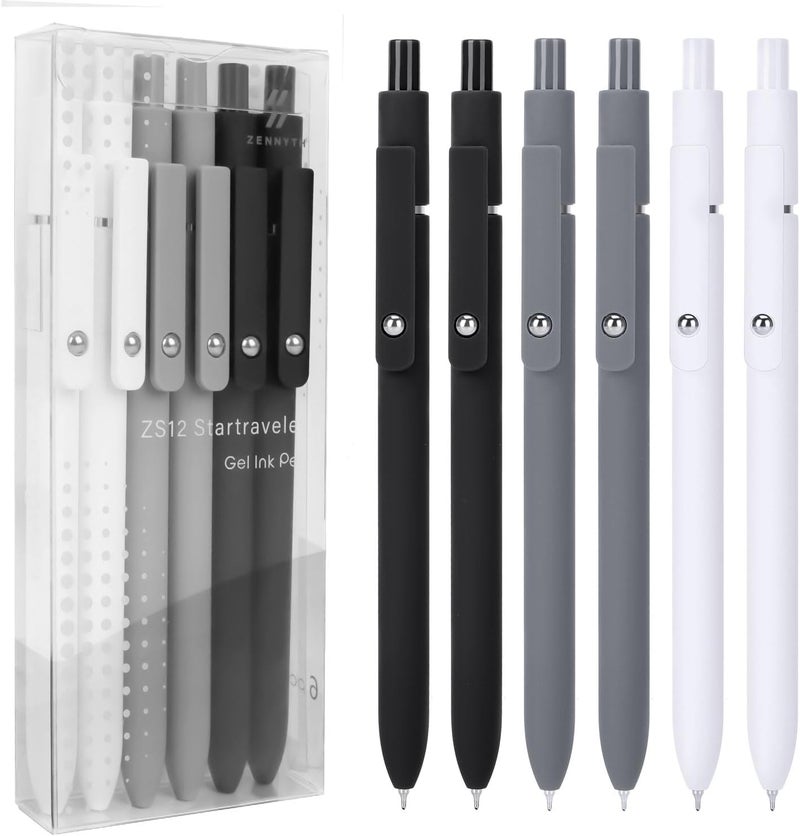 FIOVER Gel Pens, 6pcs 0.5mm Fine Point Black Ink, Smooth Writing Pens for Journaling, Nurse Aesthetic Cute Office School Supplies, Gifts for Women and Men(6Pcs Black White Grey-Black Ink) - Image 1