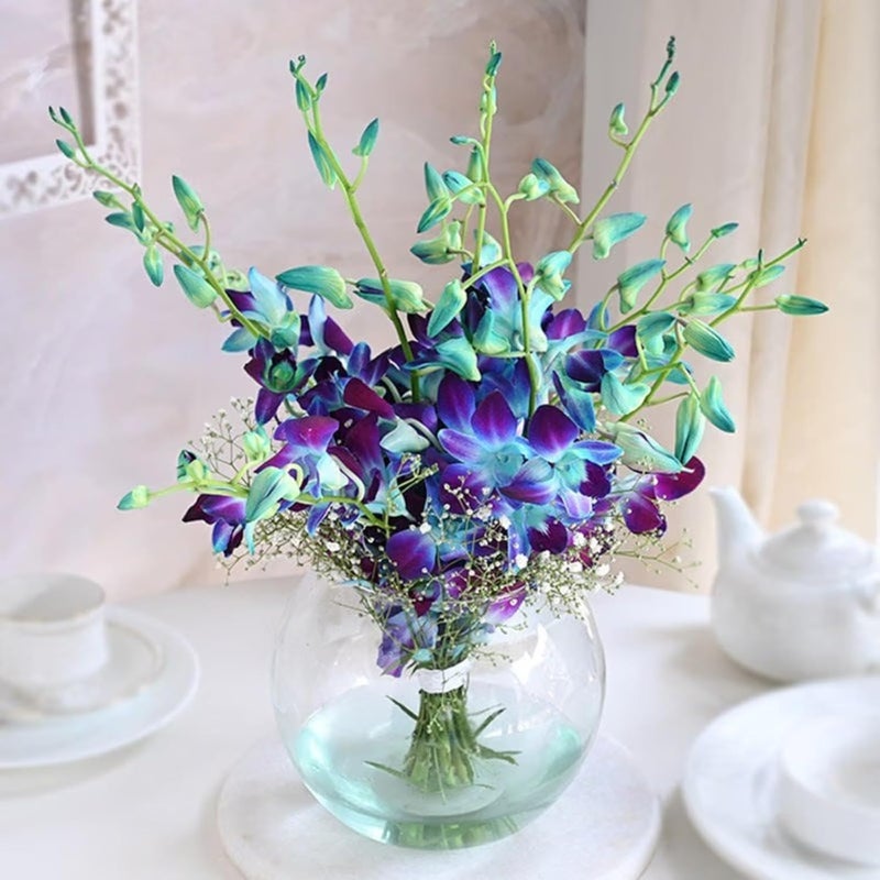 FlowerAura Fresh Live Flower Bouquet of 8 Blue Flowers In Glass Bowl Vase For Birthday Gift Anniversary Gift Wedding Gift Congratulations Gift Gift For Special Occasions Same Day Delivery - Image 2