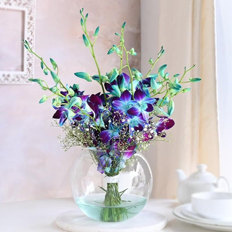 FlowerAura Fresh Live Flower Bouquet of 8 Blue Flowers In Glass Bowl Vase For Birthday Gift Anniversary Gift Wedding Gift Congratulations Gift Gift For Special Occasions Same Day Delivery - Image 1