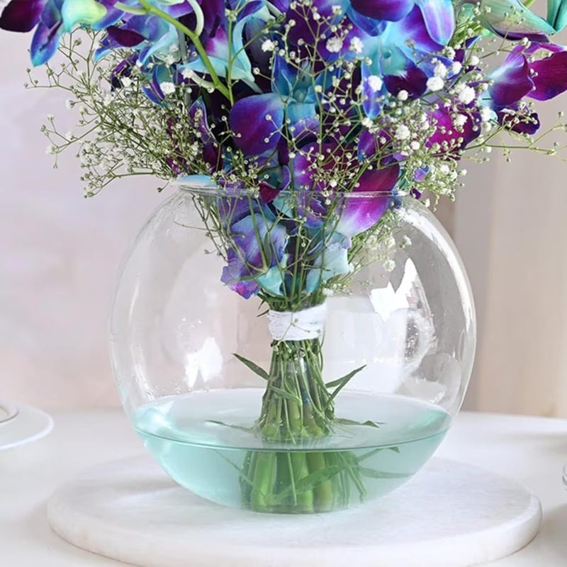 FlowerAura Fresh Live Flower Bouquet of 8 Blue Flowers In Glass Bowl Vase For Birthday Gift Anniversary Gift Wedding Gift Congratulations Gift Gift For Special Occasions Same Day Delivery - Image 3