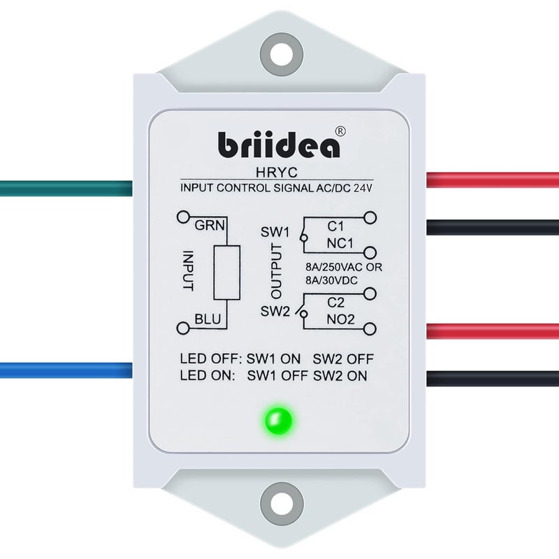 briidea DPST 1NO 1NC 8Amp Power Relay Module, 24V AC/DC Power Relay Control Voltage, White - Image 1
