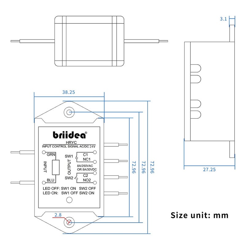 briidea DPST 1NO 1NC 8Amp Power Relay Module, 24V AC/DC Power Relay Control Voltage, White - Image 5