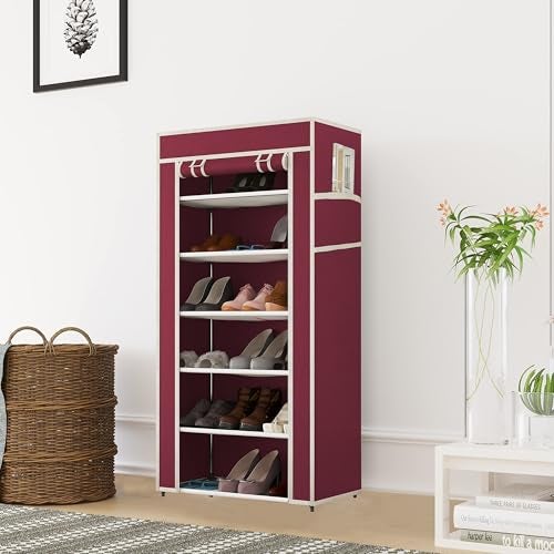 GTC 6 Layer Multipurpose Collapsible Almirah Wardrobe with Plastic Frame and Non Woven Fabric Cover Maroon - Image 1