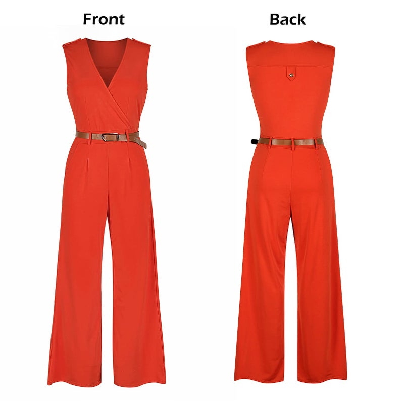 Pink Queen Women's Casual V Neck Wrap Long Pants Club Jumpsuits Rompers Belted with Pockets XL Orange - Image 4