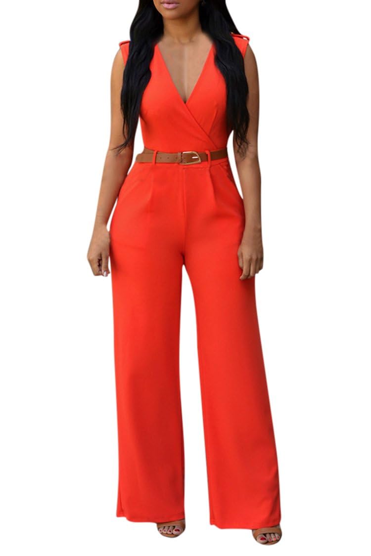 Pink Queen Women's Casual V Neck Wrap Long Pants Club Jumpsuits Rompers Belted with Pockets XL Orange - Image 1