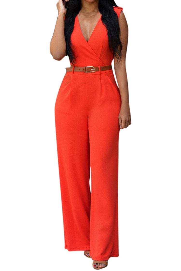 Pink Queen Women's Casual V Neck Wrap Long Pants Club Jumpsuits Rompers Belted with Pockets XL Orange - Image 2