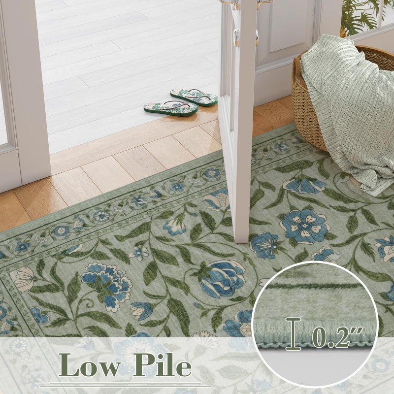 Collive Washable Entryway Rugs, Green 2 x 3 Spring Floral Rug Modern Soft Kitchen Carpet Non Slip, Vintage Bathroom Mats Stain Resistant Inside Front Door Mat for Entrance, Bedroom - Image 4