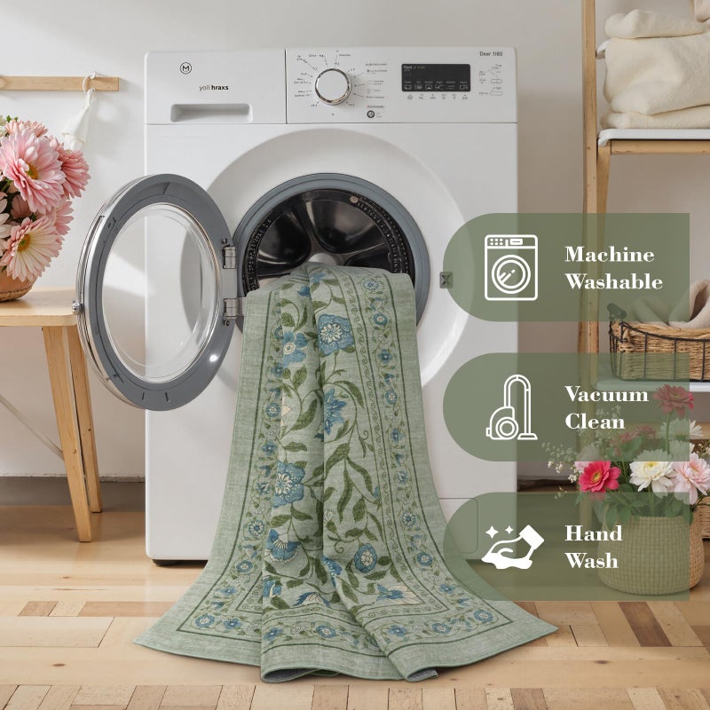 Collive Washable Entryway Rugs, Green 2 x 3 Spring Floral Rug Modern Soft Kitchen Carpet Non Slip, Vintage Bathroom Mats Stain Resistant Inside Front Door Mat for Entrance, Bedroom - Image 3