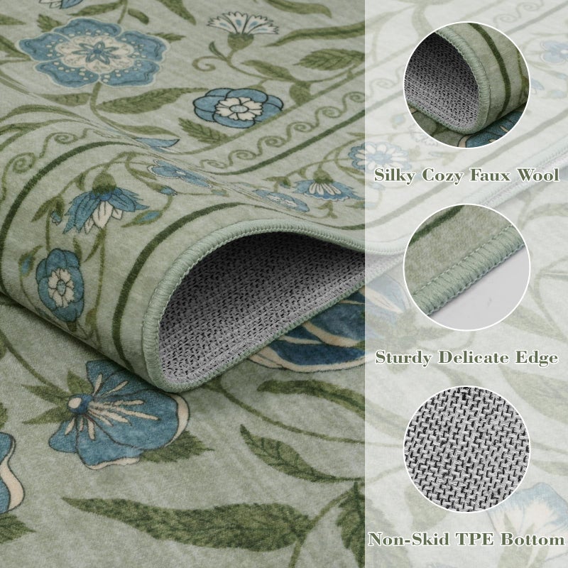 Collive Washable Entryway Rugs, Green 2 x 3 Spring Floral Rug Modern Soft Kitchen Carpet Non Slip, Vintage Bathroom Mats Stain Resistant Inside Front Door Mat for Entrance, Bedroom - Image 2