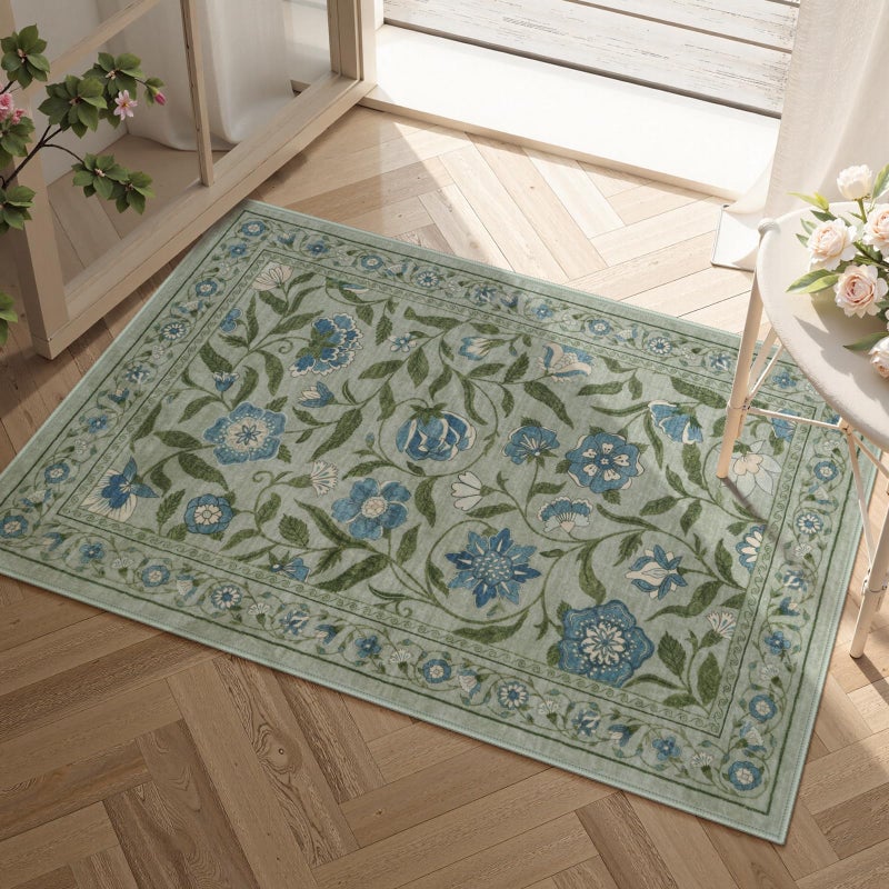 Collive Washable Entryway Rugs, Green 2 x 3 Spring Floral Rug Modern Soft Kitchen Carpet Non Slip, Vintage Bathroom Mats Stain Resistant Inside Front Door Mat for Entrance, Bedroom - Image 5