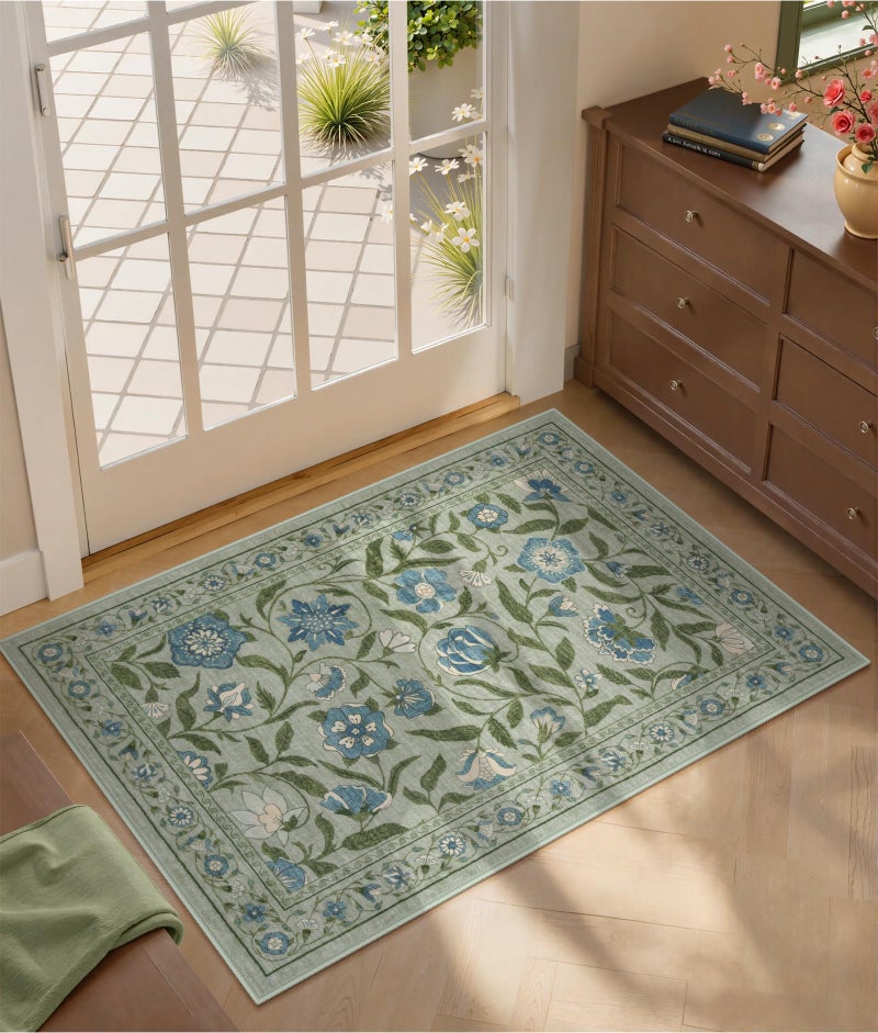 Collive Washable Entryway Rugs, Green 2 x 3 Spring Floral Rug Modern Soft Kitchen Carpet Non Slip, Vintage Bathroom Mats Stain Resistant Inside Front Door Mat for Entrance, Bedroom - Image 1