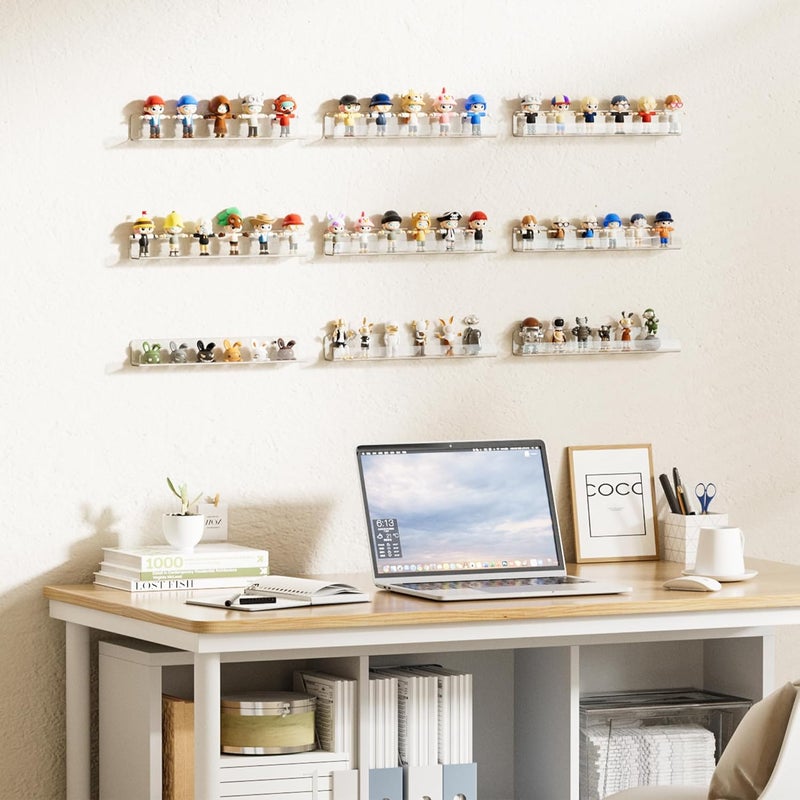 upsimples 6 Pack Clear Acrylic Shelves, 1.7" x12" Nursery Bookshelves, Small Floating Bookshelf for Kids Baby, Vinyl Wall Mount, Record Holder, Magazine Rack, Comic Display, Picture Ledge Shelf Décor - Image 2