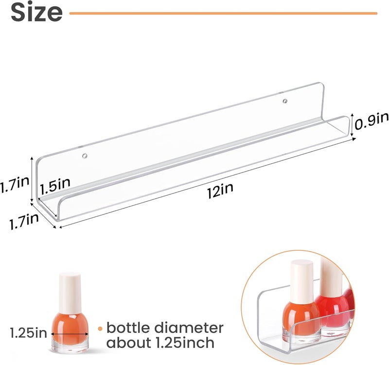 upsimples 6 Pack Clear Acrylic Shelves, 1.7" x12" Nursery Bookshelves, Small Floating Bookshelf for Kids Baby, Vinyl Wall Mount, Record Holder, Magazine Rack, Comic Display, Picture Ledge Shelf Décor - Image 3