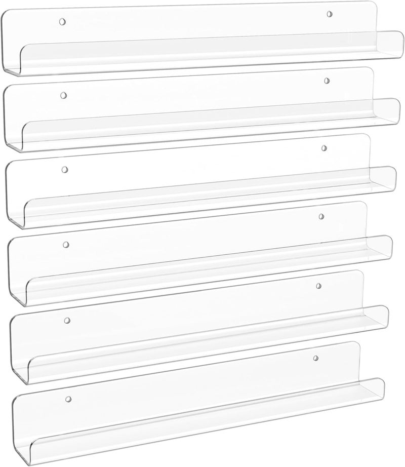upsimples 6 Pack Clear Acrylic Shelves, 1.7" x12" Nursery Bookshelves, Small Floating Bookshelf for Kids Baby, Vinyl Wall Mount, Record Holder, Magazine Rack, Comic Display, Picture Ledge Shelf Décor - Image 1
