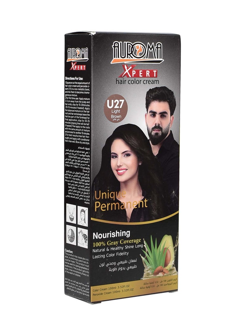 AUROMA كريم صبغة شعر خالي من الأمونيا بني فاتح - 100 مل كريم + 100 مل مطور (U27) - Image 1