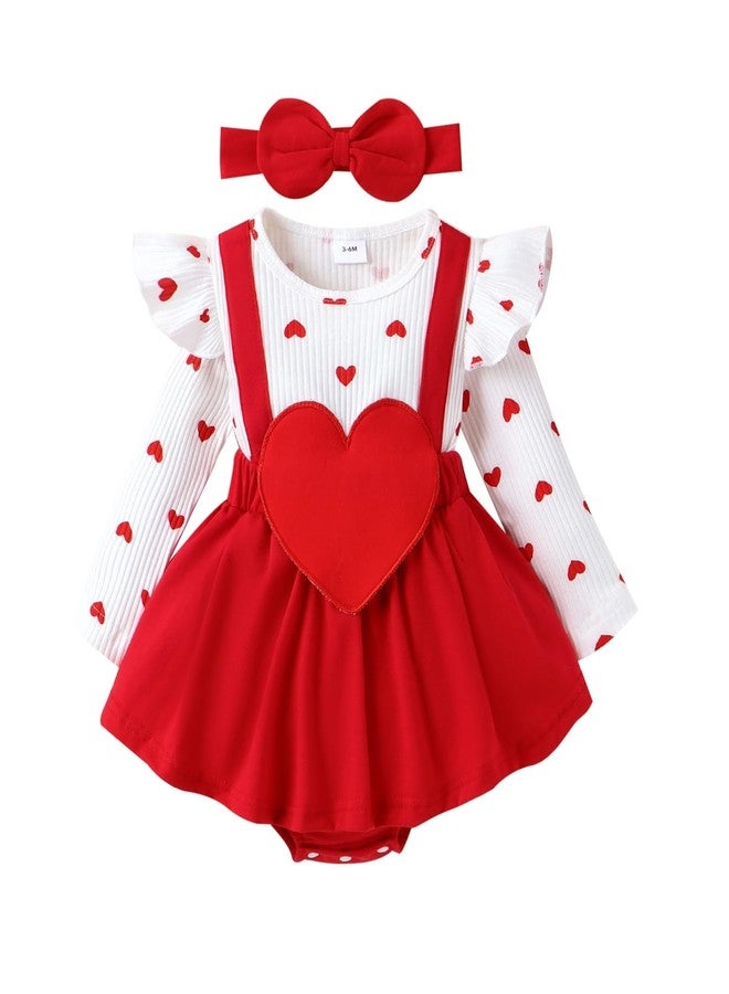 FOCICI 3-6 Month Girl Clothes Baby Long Sleeve Heart Ruffled Romper Infant Love Skirt + Cute Bow Headband 2Pcs Set Red 3-6 Months - Image 1