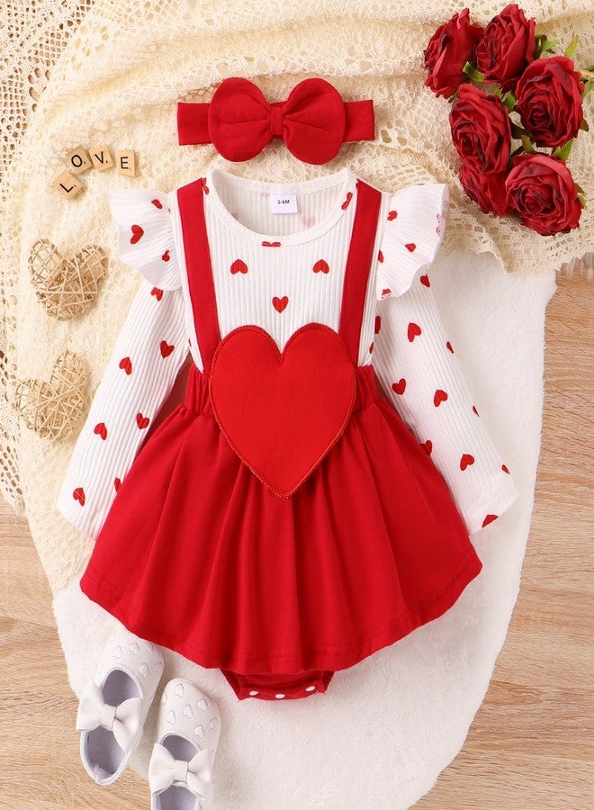 FOCICI 3-6 Month Girl Clothes Baby Long Sleeve Heart Ruffled Romper Infant Love Skirt + Cute Bow Headband 2Pcs Set Red 3-6 Months - Image 2