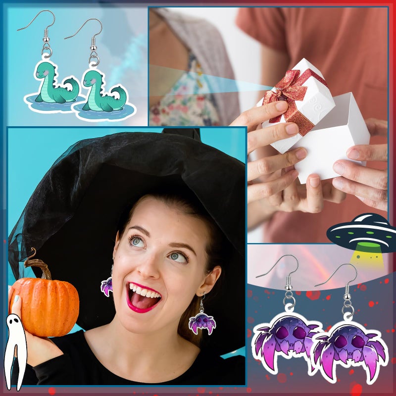 Nosiny 24 Pairs Cryptids Themed Earrings Bulk Decorations Monster Drop Earrings Christmas Gift Funny Cryptids Moth Insect Witch Spooky Monster Creepy Weird Funky Charm Jewelry for Women - Image 4