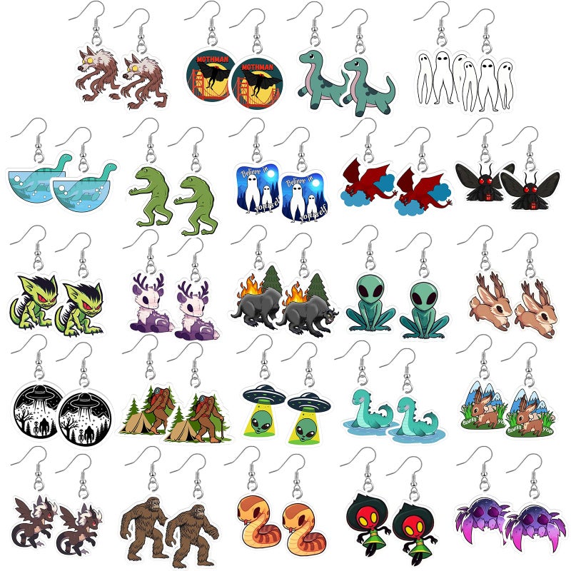 Nosiny 24 Pairs Cryptids Themed Earrings Bulk Decorations Monster Drop Earrings Christmas Gift Funny Cryptids Moth Insect Witch Spooky Monster Creepy Weird Funky Charm Jewelry for Women - Image 1