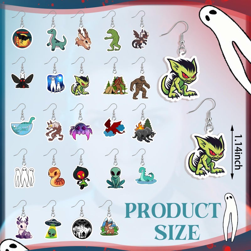 Nosiny 24 Pairs Cryptids Themed Earrings Bulk Decorations Monster Drop Earrings Christmas Gift Funny Cryptids Moth Insect Witch Spooky Monster Creepy Weird Funky Charm Jewelry for Women - Image 2