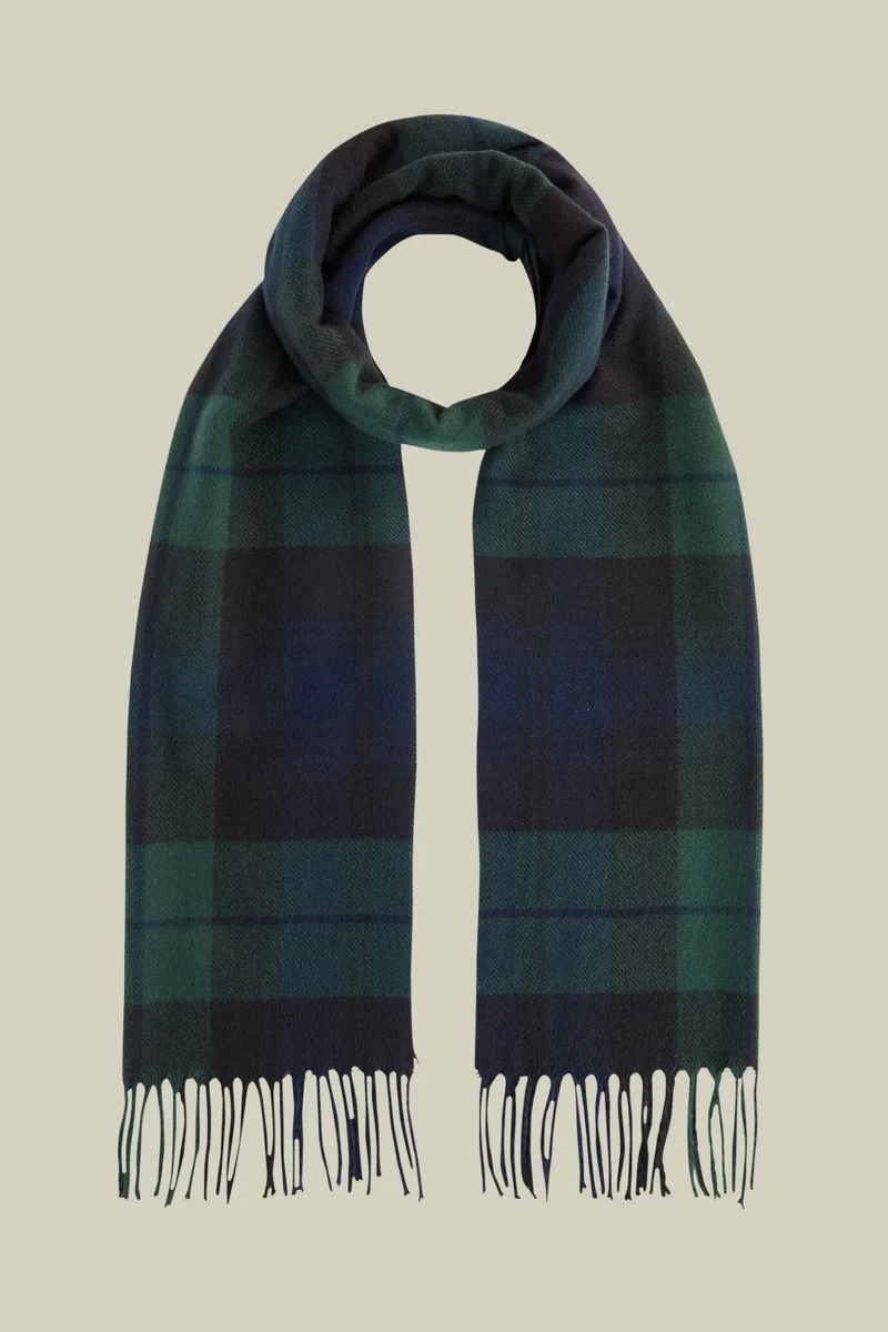 Men's tartan patterned scarf with fringes - Blue/Forest
