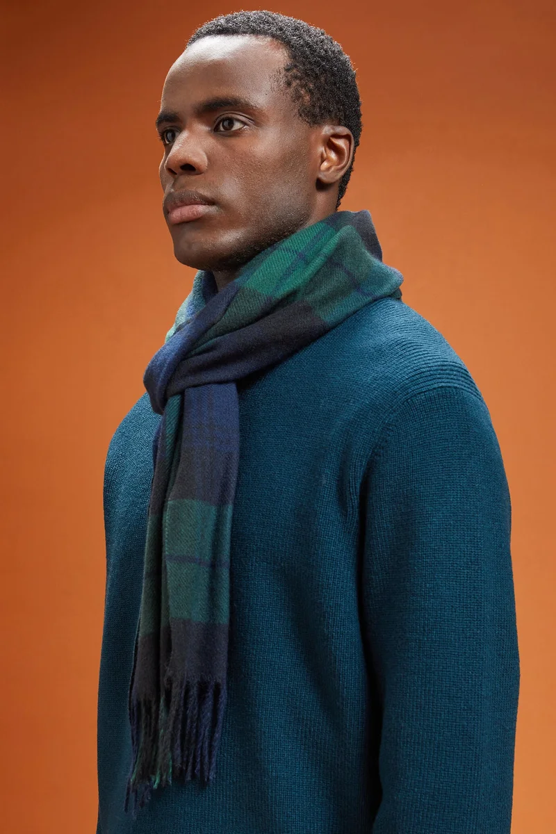 Doppelganger Blue Men's tartan patterned scarf with fringes - Blue/Forest for Men | Best Price UAE