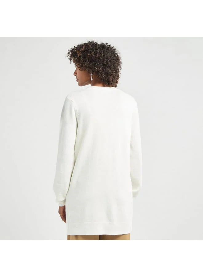 Splash FAV Embellished Open Front Cardigan with Long Sleeves and Pockets