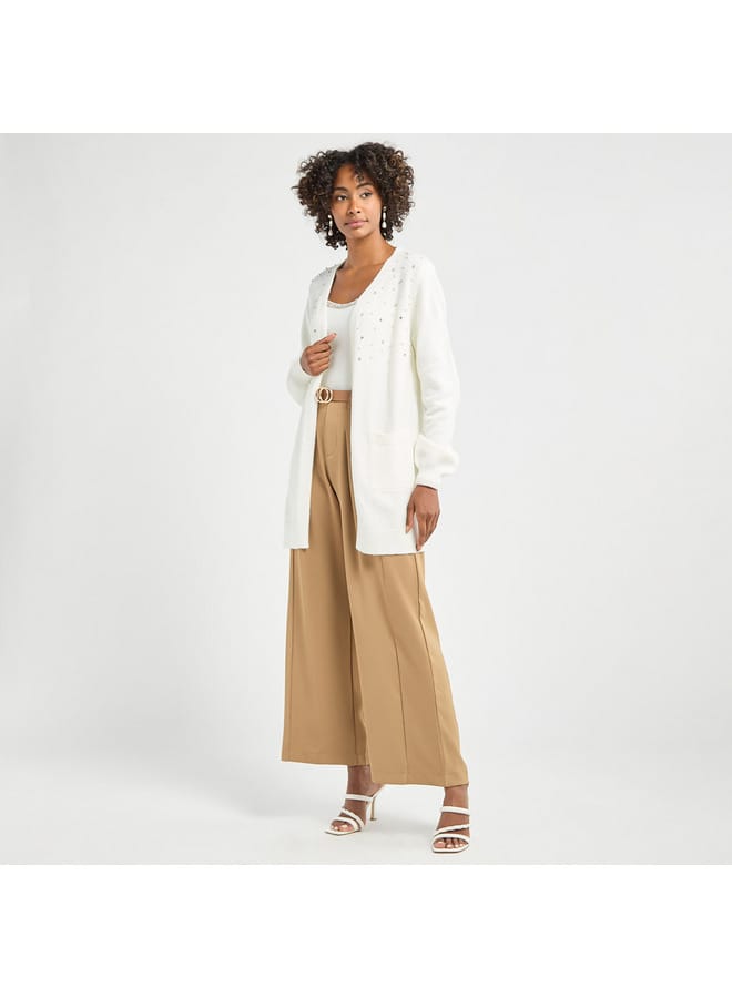 Splash FAV Embellished Open Front Cardigan with Long Sleeves and Pockets - Image 2