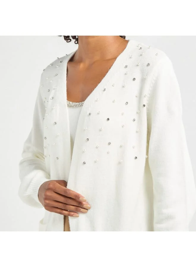 Splash FAV Embellished Open Front Cardigan with Long Sleeves and Pockets
