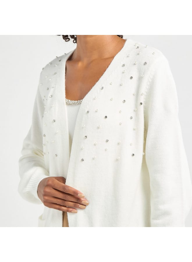 Splash FAV Embellished Open Front Cardigan with Long Sleeves and Pockets - Image 4