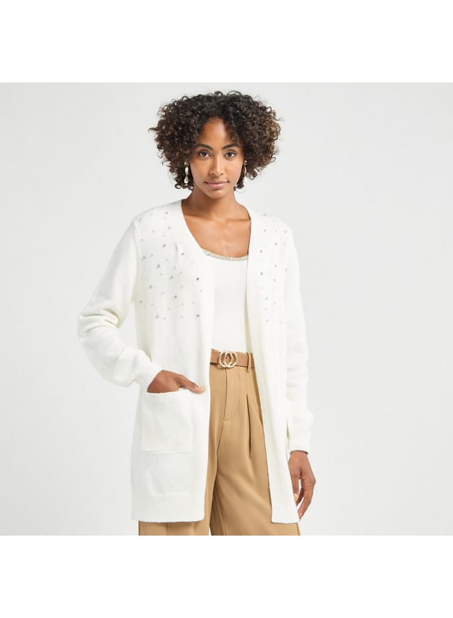 Splash FAV Embellished Open Front Cardigan with Long Sleeves and Pockets - Image 1