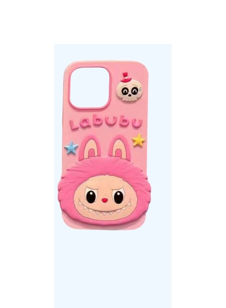 LABUBU حافظة هاتف سيليكون وردية لطيفة مضغوطة لتقليل الضغط لجهاز iPhone 15 Pro Max - مطاط ناعم، مضادة للصدمات ومضادة للانزلاق، تصميم لتخفيف التوتر - Image 1