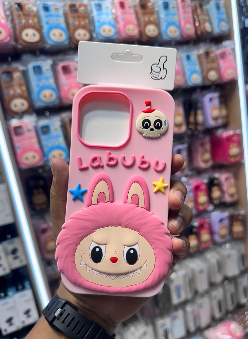 LABUBU حافظة هاتف سيليكون وردية لطيفة مضغوطة لتقليل الضغط لجهاز iPhone 15 Pro Max - مطاط ناعم، مضادة للصدمات ومضادة للانزلاق، تصميم لتخفيف التوتر - Image 2