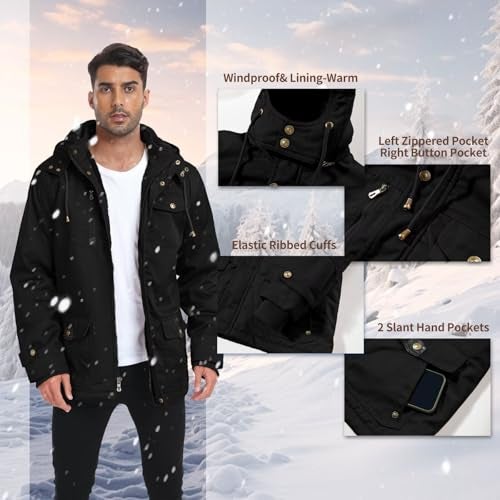 Dr.Cyril Men's Thick Winter Jackets Fleece Lined Thick Jackets Hood Work Jackets Coat Cotton Military with Cargo Pockets - Image 5