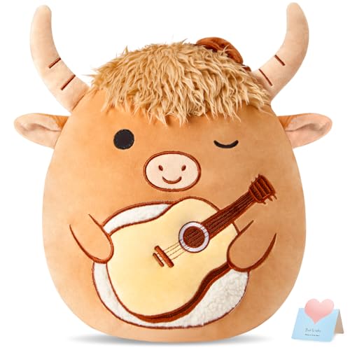Glow Guards 12 Highland Cow Plush Pillow Cute Highland Cow Stuffed Animal Holding Guitar Soft Plush Toy Birthday Gift for Boys Girls Kids - Image 1