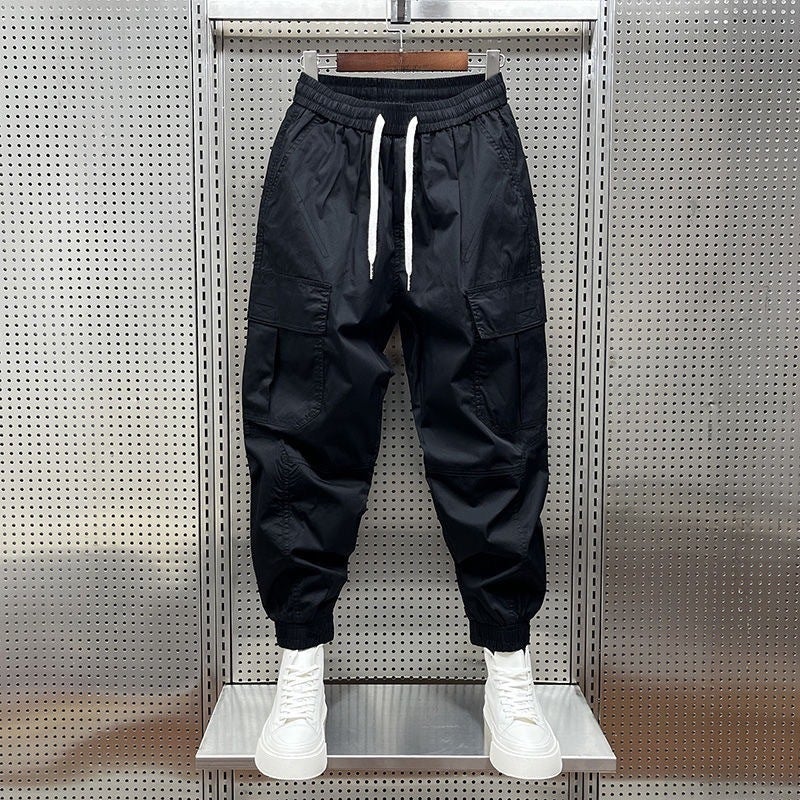 Mens Casual Drawstring Joggers 9-Pocket Stretchy Black  - Image 1