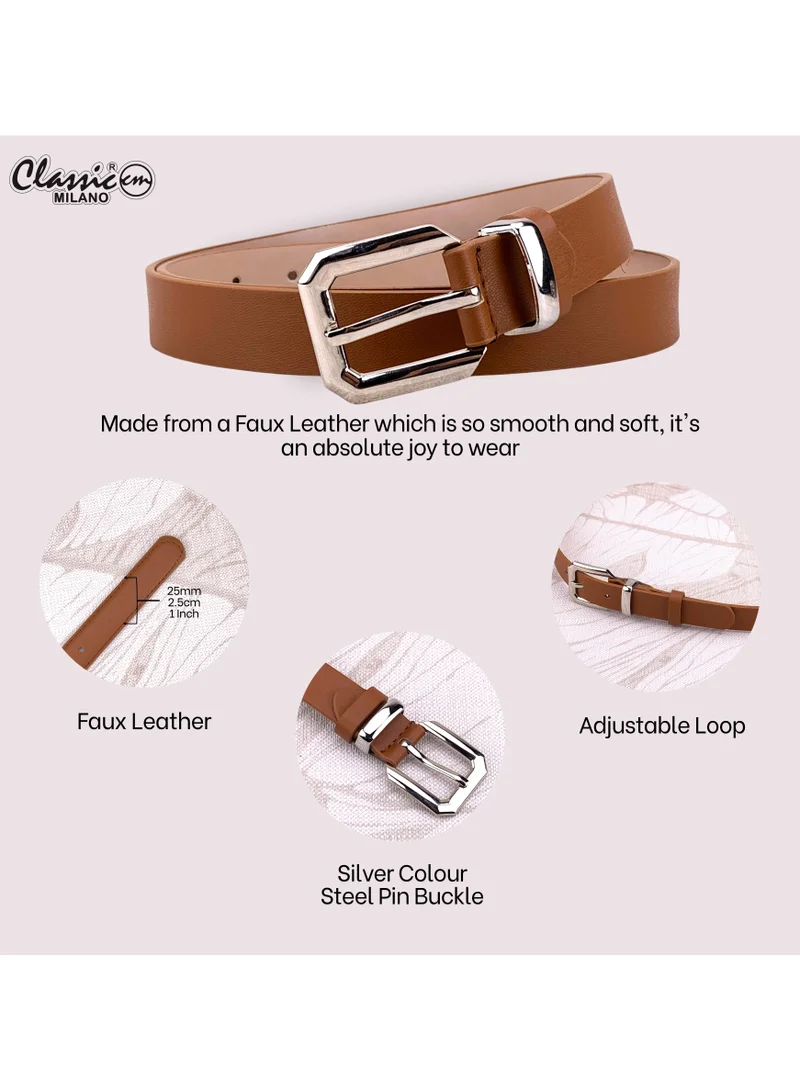 Classic Milano Tan (SGPU32) Classic Milano Women's Belt with Gift Box; Faux Leather Ladies Belt for Dresses, Jeans & Gowns; Stylish Womens Belt; Adjustable Girls Belt; Belt for Women | Full Length: 110 CM (Free Size - Fits up to the waist of 40 Inches / 100 CM) for Women | Best Price UAE