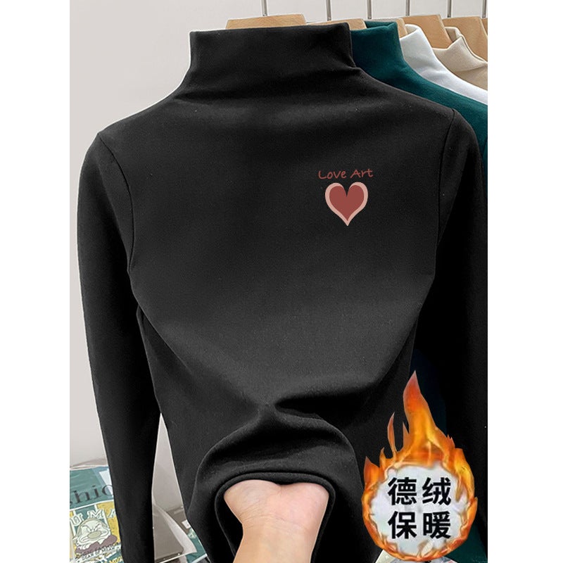 Children's Velvet Semi-high Collar T-shirt New All-match Spring and Autumn Girls Cartoon Printed Children's Long-sleeved T-shirt Trendy Base Shirt - Image 1