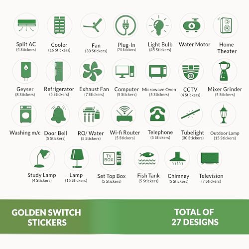 Wonder Hub Premium Green Foil Embossed Switch Stickers for Switch Board | Pack of 330 Stickers for Home Including Fan, Light and Many More - Image 3
