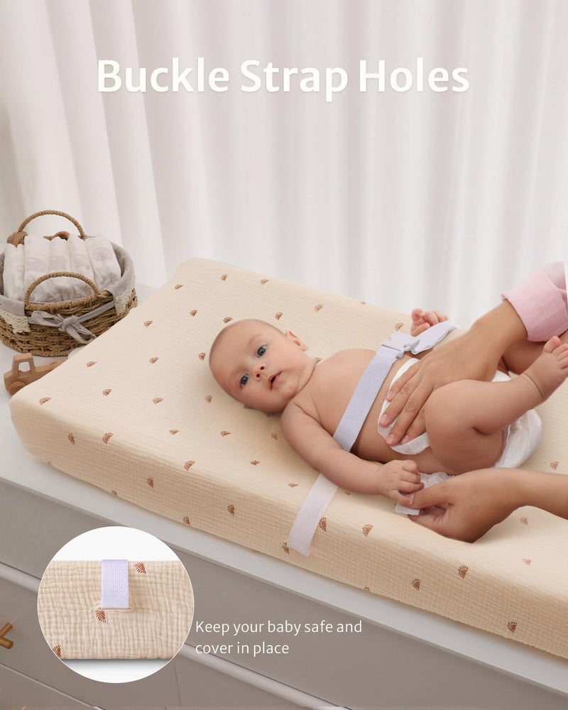 Blissful Diary Muslin Changing Pad Cover for Girls Boys, Ultra Soft Breathable Cotton, Baby Diaper Change Table Pad Covers, 2Pack (Sunshine&Brown) - Image 3