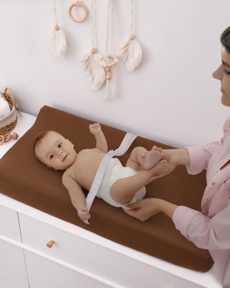 Blissful Diary Muslin Changing Pad Cover for Girls Boys, Ultra Soft Breathable Cotton, Baby Diaper Change Table Pad Covers, 2Pack (Sunshine&Brown) - Image 4