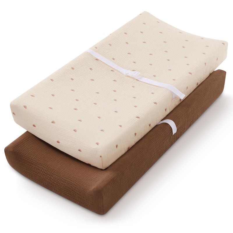 Blissful Diary Muslin Changing Pad Cover for Girls Boys, Ultra Soft Breathable Cotton, Baby Diaper Change Table Pad Covers, 2Pack (Sunshine&Brown) - Image 1