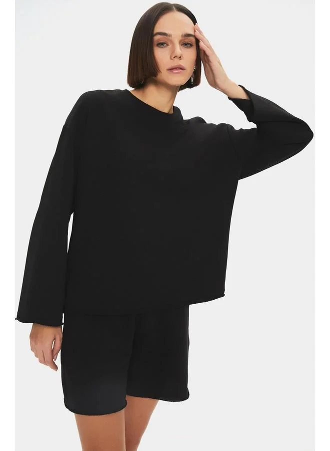 JUNE June Women Cotton Blend Crew Neck Sweatshirt Short Set Black