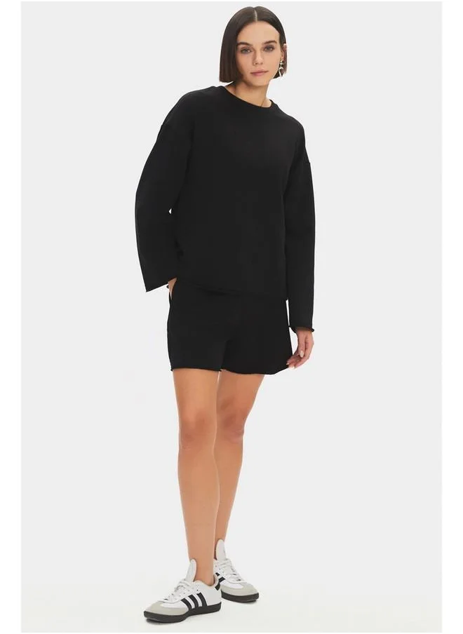 جون June Women Cotton Blend Crew Neck Sweatshirt Short Set Black